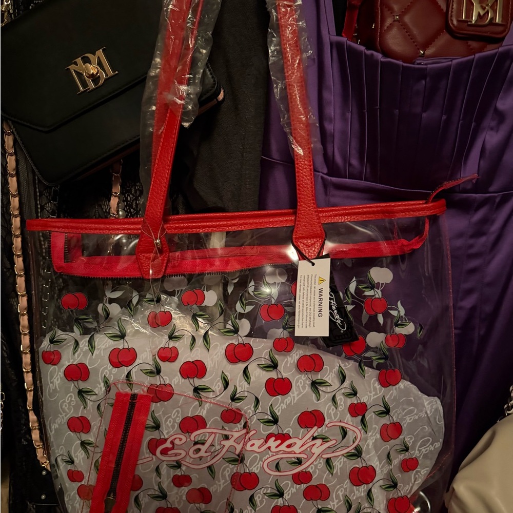 Ed Hardy Clear Tote with Red Cherry Design